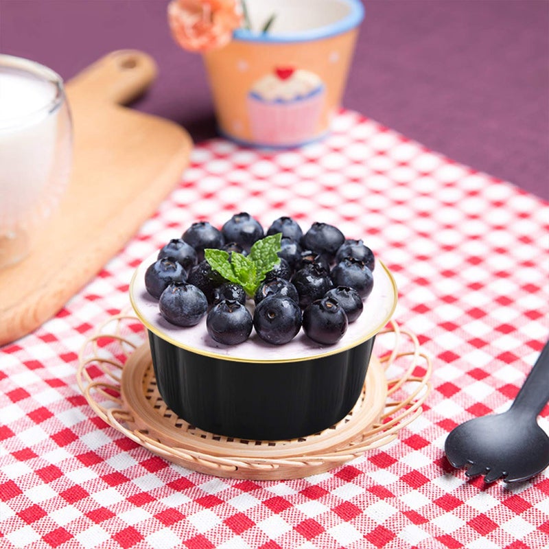 Beasea Disposable Ramekins with Lids, 8 oz 50 Pack Black Gold Aluminum Foil Cups, Disposable Creme Brulee Muffin Cupcake Baking Cup Mini Pudding Cups for Party Wedding Birthday - Image 5